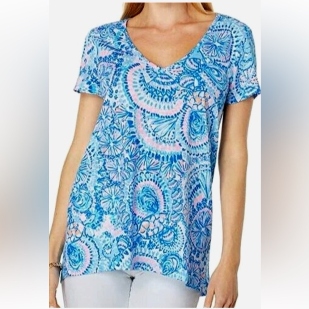 Lilly Pulitzer Etta V-Neck Top Blue and Pink Grotto Commotion in Motion Size M